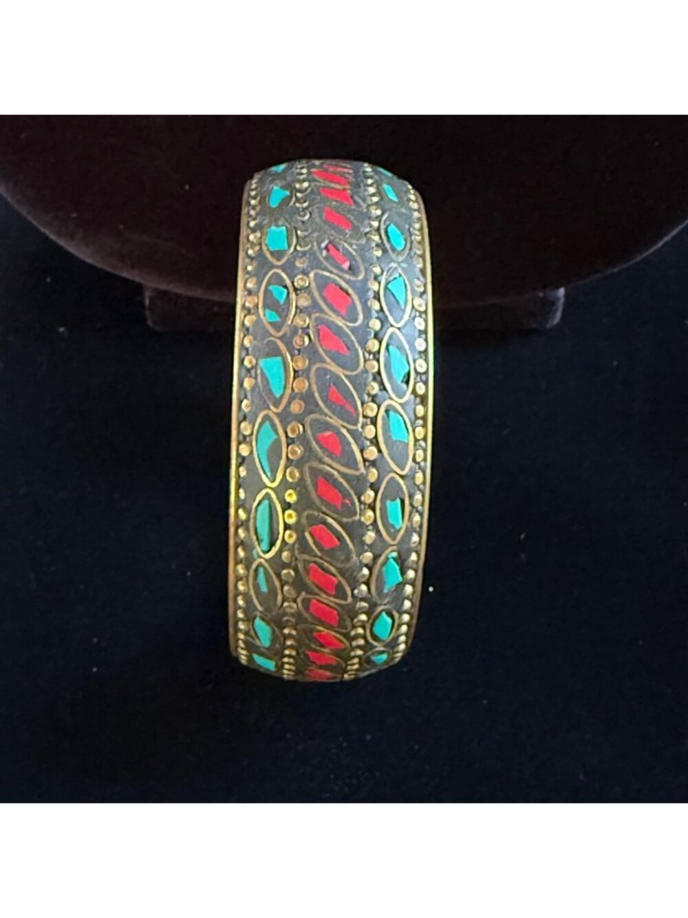 VNTG Tibetan Mosaic Bangle Brass Cuff Bracelet with Faux Turquoise & Coral Inlay